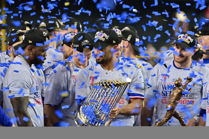 Texas Rangers second baseman Marcus Semien celebrates defeating the Arizona Diamondbacks to win the World Series in game five of the 2023 World Series at Chase Field.